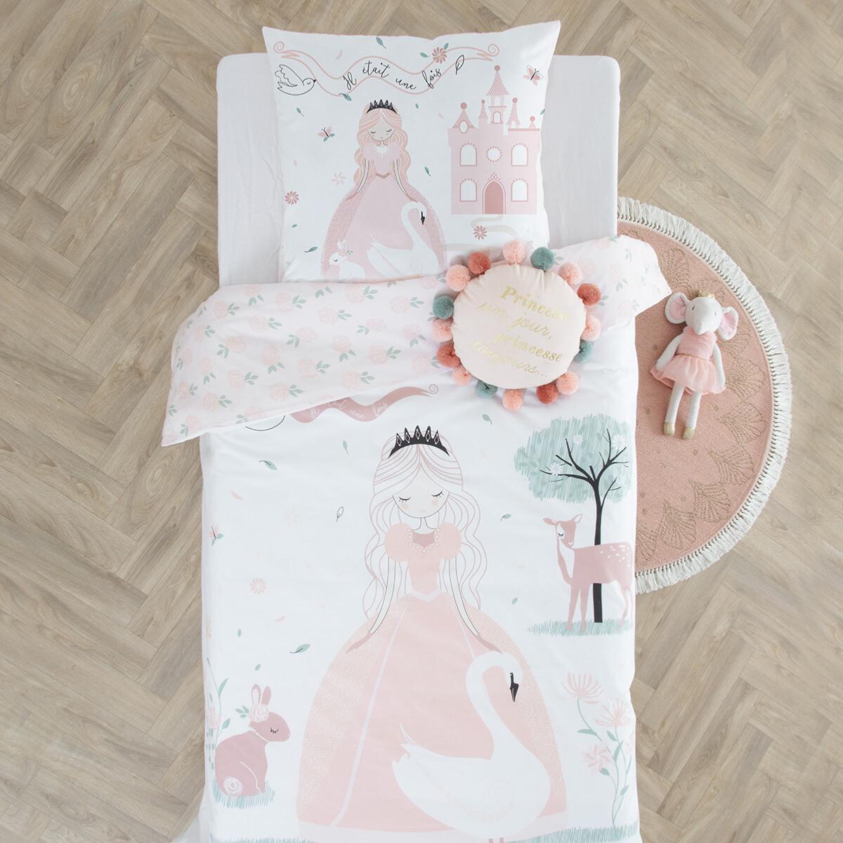 Housse de Couette Fille Cygne Rose Parure de Lit avec Fermeture