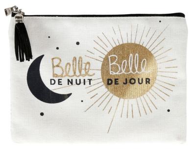Pochette "BELLE DE NUIT, BELLE DE JOUR"Blanche, Noir & Dorée Zippée avec pompon