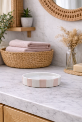 Porte-savon en Céramique – Rayures Rose & Blanc L. 13,3 x P. 10 x H. 2,5 cm