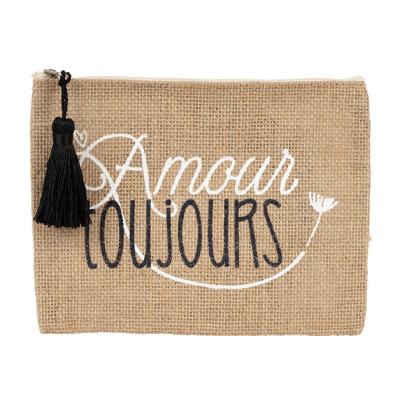 Pochette Toile de jute Amour Toujours 20 x 15 cm Pompon Noir Chic 
