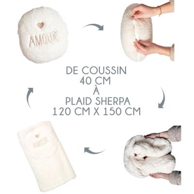 2 en 1 : Coussin AMOUR & Plaid Sherpa Beige Crème 120 x 150 cm 
