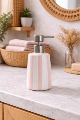 Distributeur à Savon Liquide Rayures Rose & Blanc – Céramique - D. 8,6 x H. 17,3 cm 