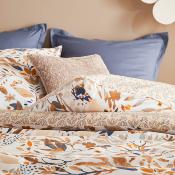 Parure de lit réversible 220x240 cm – Motifs Floraux Stylisés Beige & Bleu
