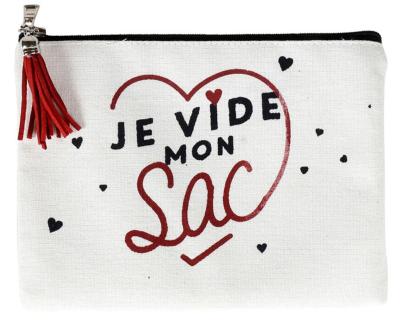 Pochette "JE VIDE MON SAC" blanche rouge noir Zippée