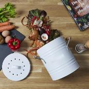Poubelle à Compost Métal Blanc Rétro Couvercle Filtre Poignées Bois 4L 