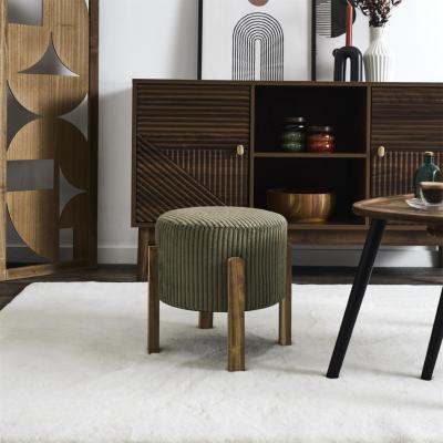 Tabouret Vert Olive Côtelé Pieds en Bois d'Acacia 35 x 35 x 35 cm