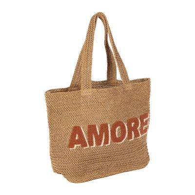 Sac Cabas en Corde de Papier Naturel Brodé AMORE en Bouclettes Terracotta 50 x 32 x 15 cm 