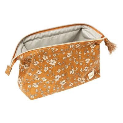 Trousse de toilette fleurie jaune ocre & beige – Trousse zippée 24 cm