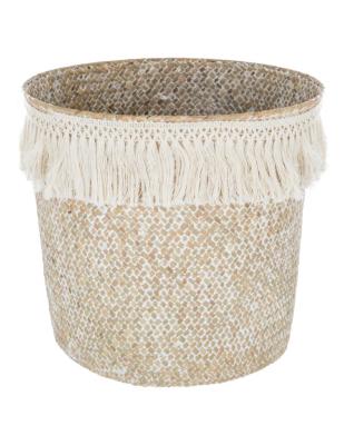 Panier Roseau Blanchi Franges Beige Ø 26 x H.23 cm