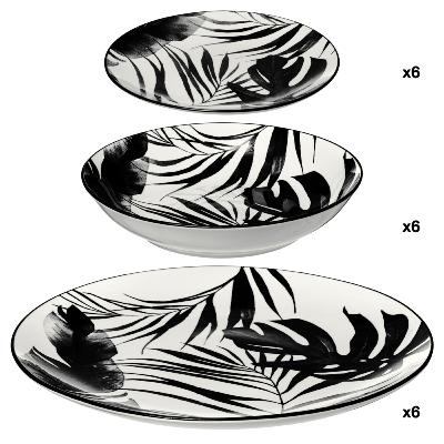 Service 18 pièces Assiettes Feuilles Tropicales Noires 