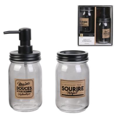 Coffret Homme Vintage Distributeur à Savon Porte-Brosse à Dents Verre Noir