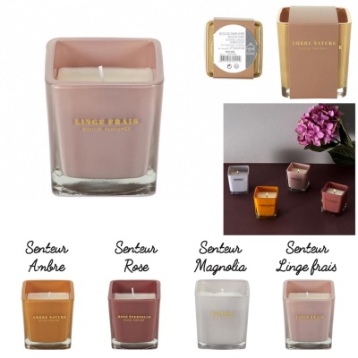 Bougie Carrée Parfumée Verre Teinté H.7,5 cm Cire de Paraffine