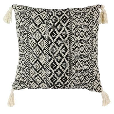 Coussin Ethnique Losange Noir & Beige Pompons 40 x 40cm Déhoussable Coton