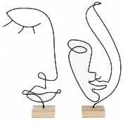 Déco ARTY Visage Métal Filaire Noir H.39cm Socle Bois