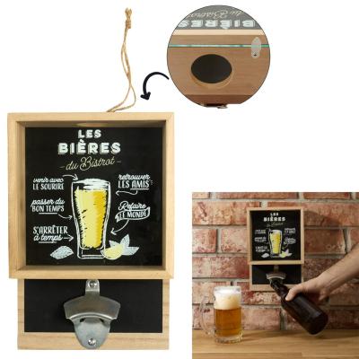 Décapsuleur Mural "Les Bières du Bistrot" avec Bac à Capsules Bois Clair & Noir 