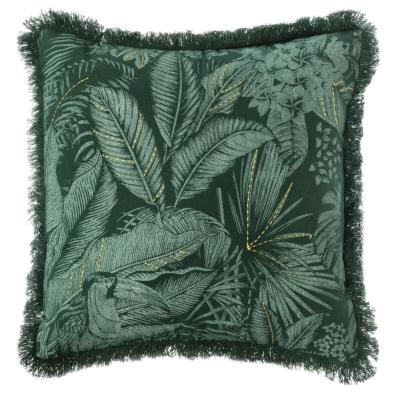 Housse de Coussin Vert & Doré Jungle Brodé Franges 40 x 40 cm 