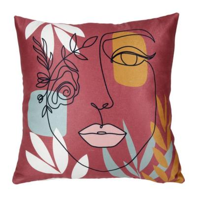 Housse de Coussin Visage Arty Noir sur Fond Rose Ocre Blanc Vert Aqua 40 x 40 cm 