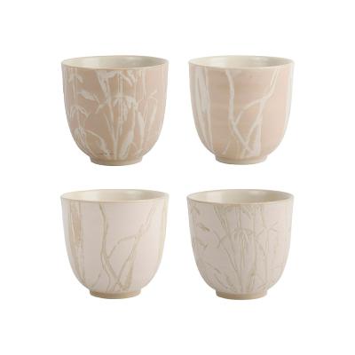 Lot de 4 Gobelets en Grès Nude Mat Motif Feuillage Peint à la Main12,5 cl 