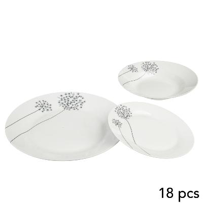 Service 18 pièces Assiettes Blanches Fleurs Légères Noires 