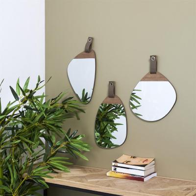 Miroir Organique en Bois Foncé Anse Cuir Marron 20 x 25 cm 