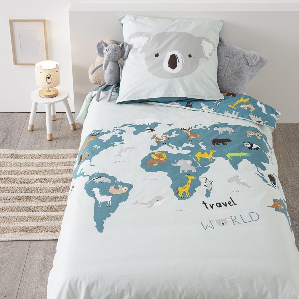 EARTH - Parure de Lit Enfant - Chambre Animaux Planisphère - Kolorados