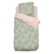 Parure de Lit Enfant Fée Vert Beige Rose Fleurs Papillons 140 x 200 cm 