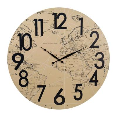 Horloge Murale Mappemonde Ø 70 cm Bois Indus Beige Noir Effet Vieilli