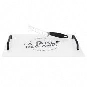 Plateau Apéro "La Table des Amis" avec Couteau, Planche Verre Blanc avec Poignées Métal Noir 40 x 30 cm
