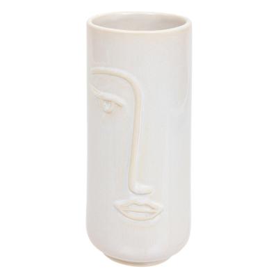 Vase Visage Blanc Effet Patiné Beige Cylindrique H.25 cm 