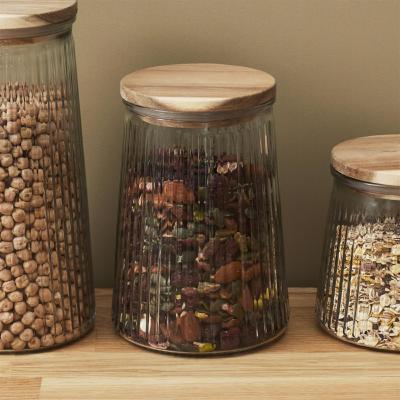  Bocal Hermétique Verre Transparent Évasé & Strié Couvercle Bois Acacia 95 cl