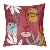 Housse de Coussin Visage Arty Noir sur Fond Rose Ocre Blanc Vert Aqua 40 x 40 cm 