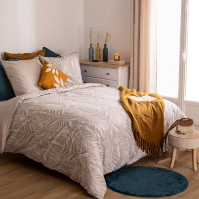 Parure de Lit Beige Lin Bleu Feuillage 220 x 240 cm Élégance 