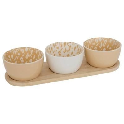 Set Apéritif Léopard Blanc & Terracotta – 3 Bols en Céramique + Plateau en Bambou 30 x 10 cm