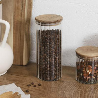Bocal Verre Strié Transparent Couvercle Acacia 110 cl