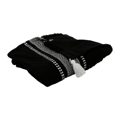 Jeté de Canapé Noir Zig-Zag Blanc avec Pompons 170 x 130 cm Coton Ethnique