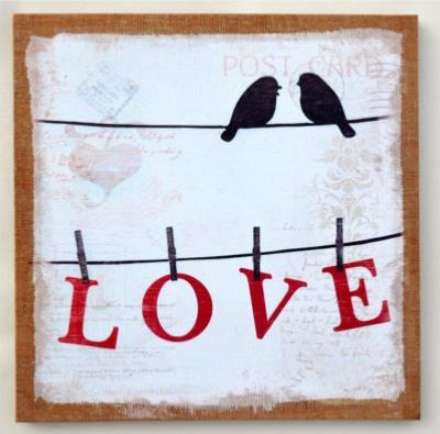 Tableau Toile Oiseaux sur fil LOVE Rouge