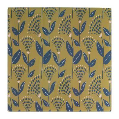 Dessous de Plat Bleu Marine Jaune Moutarde Motif Végétal Verre Trempé 25 x 25 cm 