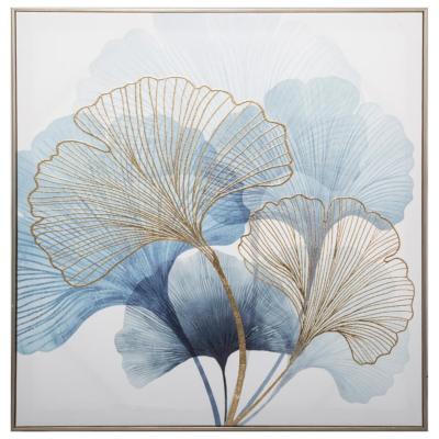 Toile Imprimée & Encadrée Gingko en Relief Bleu & Doré 58 x 58 cm