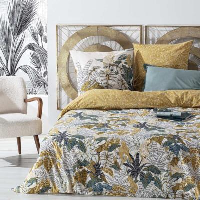 Parure de Lit 2 Personnes 240 x 220 cm Jungle Tropicale Blanc, Ocre & Bleu Canard 