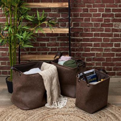 3 Paniers Cuir Marron - Rangement - 36 x 30 x 36 cm
