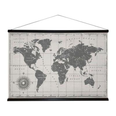 Grande Toile Mappemonde Vieillie Gravure Noir & Blanc Kakemono 100 x 73 cm