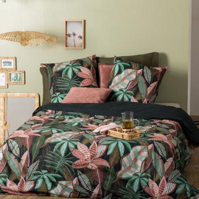 Parure de Lit Feuilles Tropicales Vert, Rose & Noir - NIKAU - 240 x 220 cm 
