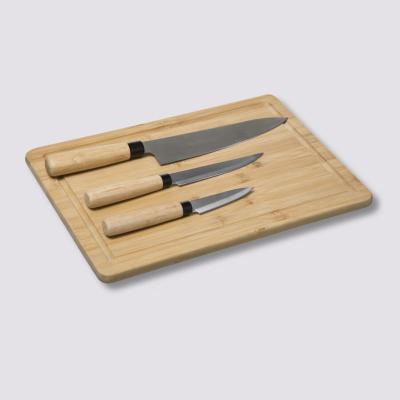 Planche à Découper en Bambou Naturel + 3 Couteaux Inox 35 x 25 cm 