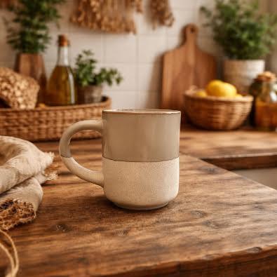 Tasse à Café en Faïence Bicolore – Beige Foncé & Liseré Brun – 20 cl