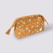 Trousse de toilette fleurie jaune ocre & beige – Trousse zippée 24 cm
