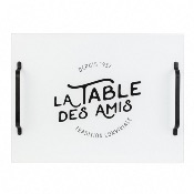 Plateau Apéro "La Table des Amis" avec Couteau Planche Verre Blanc avec Poignée Métal Noir 40 x 30 cm