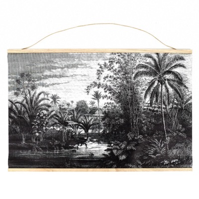 Kakémono Gravure Coloniale Palmier Paysage Noir & Blanc 110 x 94 cm