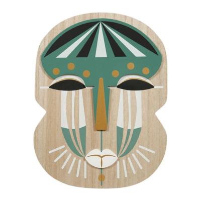 Masque Bois Ethnique Vert Blanc Doré H.30 cm 