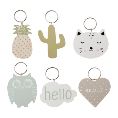 Porte-Clé Bois Couleur Pastel Ananas Cactus Chat Hibou Nuage Cœur 