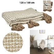 Plaid Nid D'Abeille avec Pompons Beige & Taupe 125 x 150 cm  